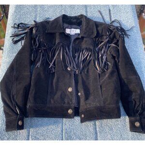 COMINT Women's Size Small Black Genuine Leather Biker/Western Jacket with Fringe